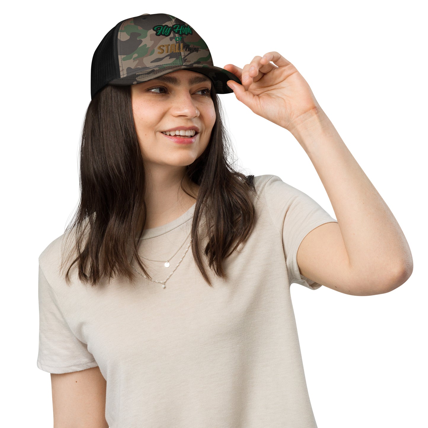 Fligh High or Stall Trying Camouflage Pilot Hat
